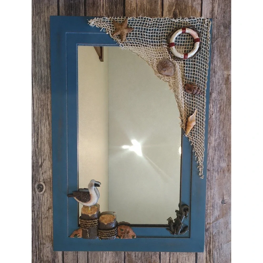 Nautical Beach Theme Mirror Seagull, Net Life Preserver Seashells Hanging Hooks